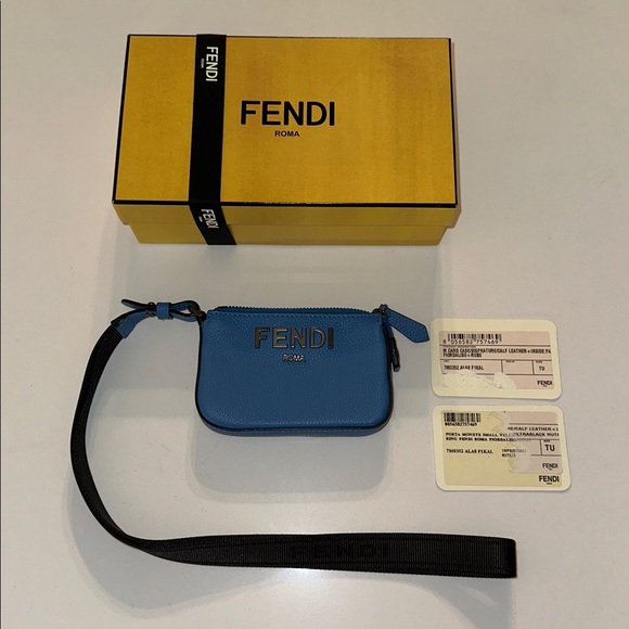 Fendi blue calf leather porta monete small card case pochette w logo lanyard - Picture 2 of 14
